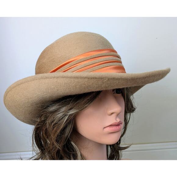 Vintage 1960s Sylvia Bollman Excello Wool Hat Camel w/ Orange Satin Band USA - Picture 4 of 13